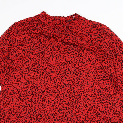 Marks and Spencer Womens Red Animal Print Viscose A-Line Size 10 Round Neck Button - Leopard Print