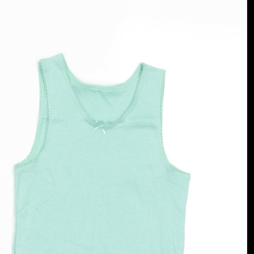 Marks and Spencer Girls Green Cotton Basic Tank Size 8-9 Years Crew Neck Pullover - Embroided