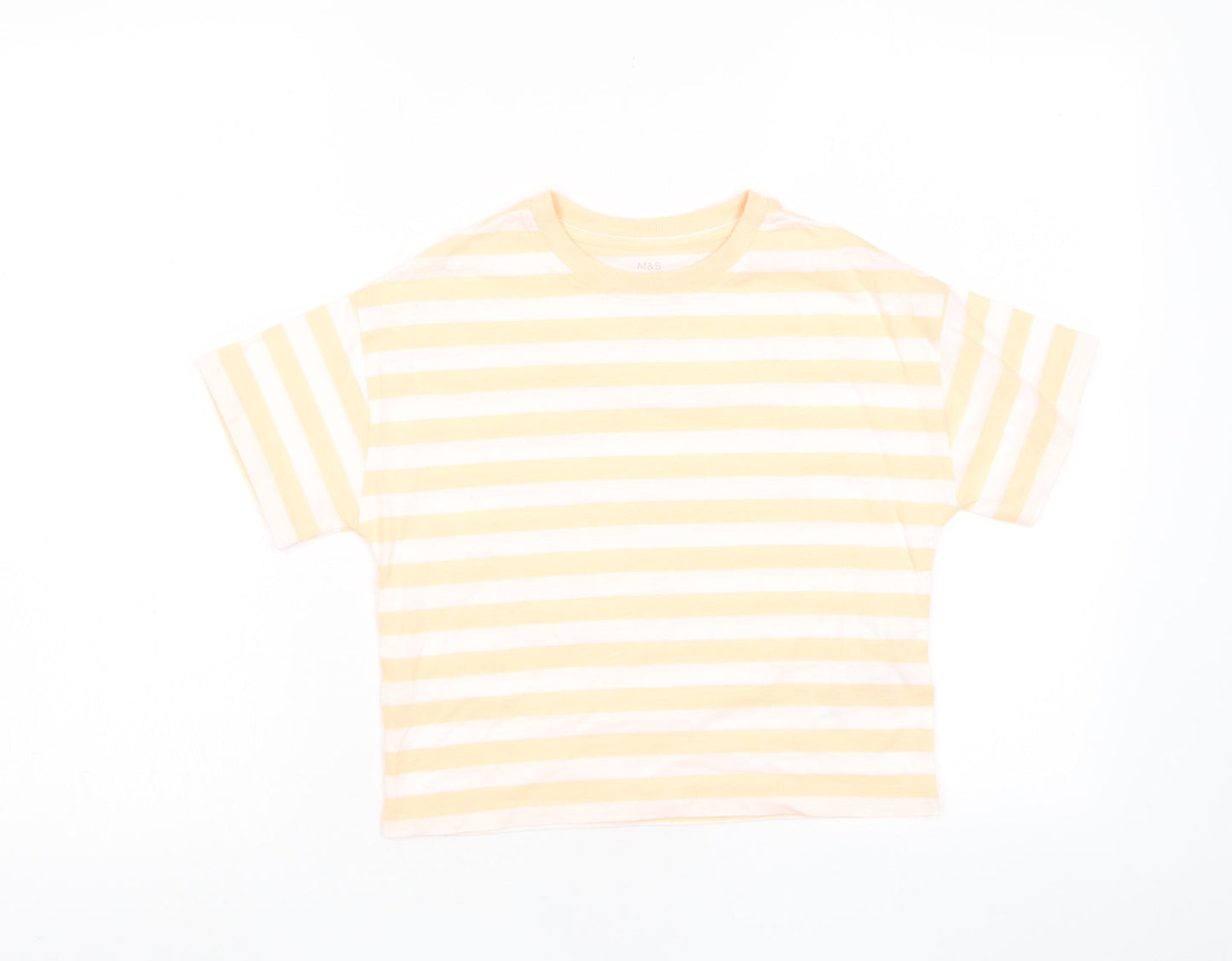 Marks and Spencer Boys Orange Striped Cotton Basic T-Shirt Size 8-9 Years Crew Neck Pullover