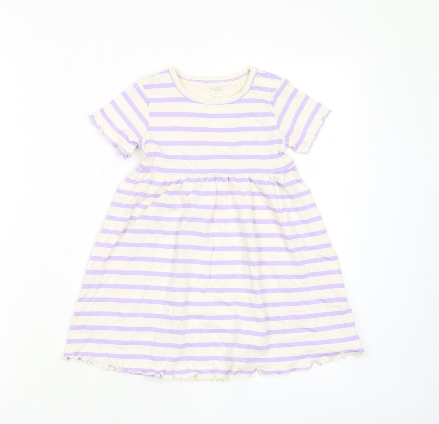 Marks and Spencer Girls Purple Striped Cotton A-Line Size 2-3 Years Crew Neck Button