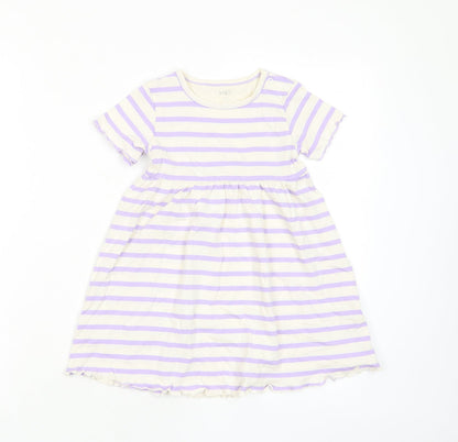 Marks and Spencer Girls Purple Striped Cotton A-Line Size 2-3 Years Crew Neck Button