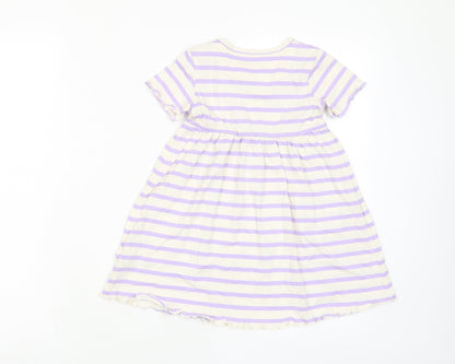 Marks and Spencer Girls Purple Striped Cotton A-Line Size 2-3 Years Crew Neck Button