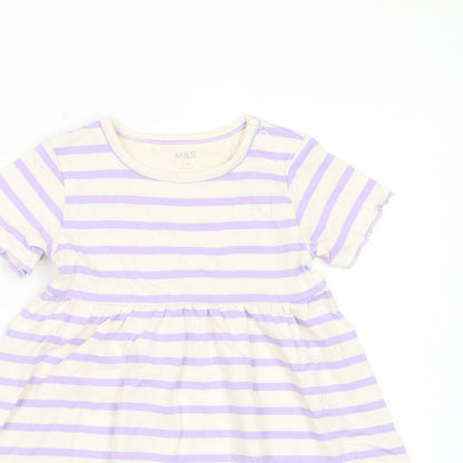 Marks and Spencer Girls Purple Striped Cotton A-Line Size 2-3 Years Crew Neck Button