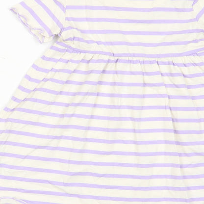 Marks and Spencer Girls Purple Striped Cotton A-Line Size 2-3 Years Crew Neck Button