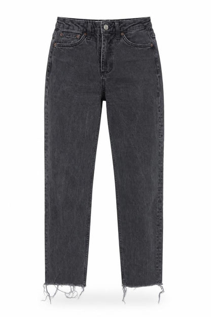Topshop Womens Black Cotton Mom Jeans Size 26 L32 in Regular Zip - Distressed Hem