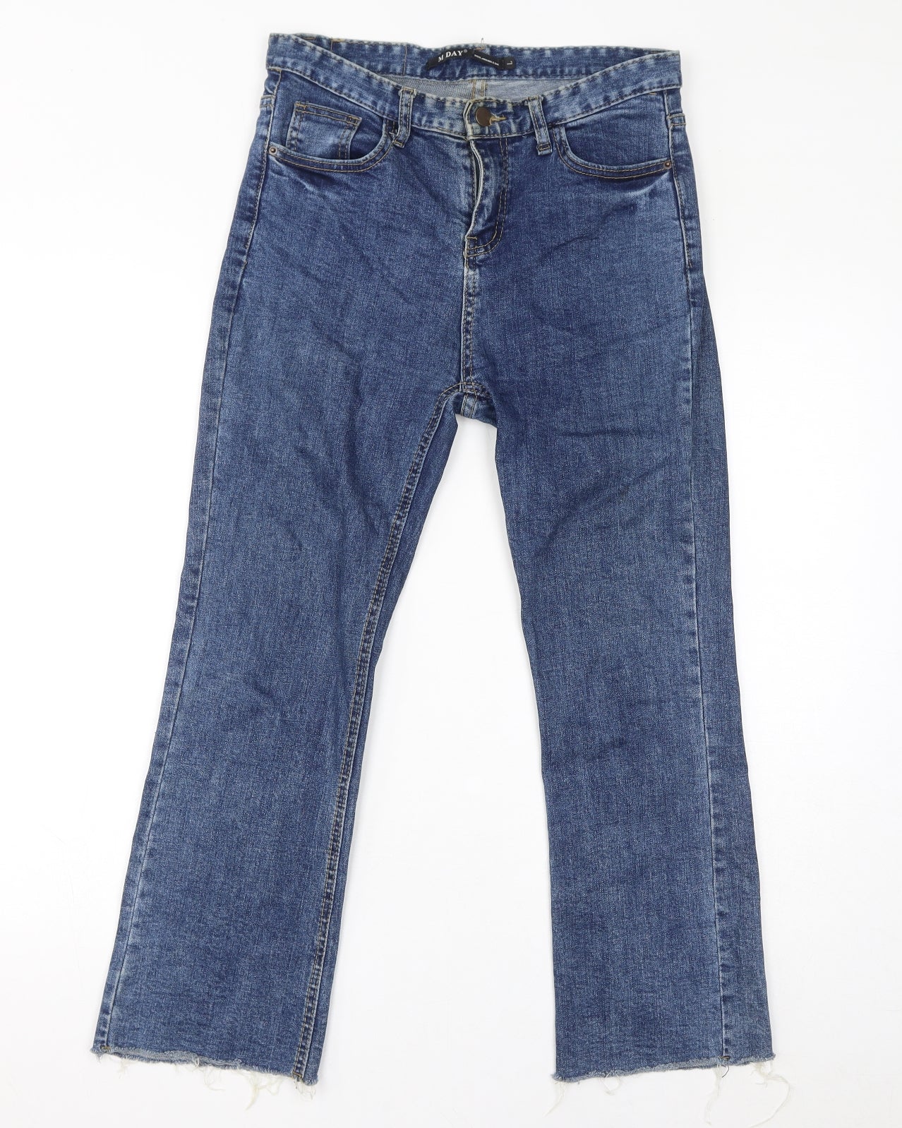 M Day Womens Blue Cotton Straight Jeans Size L L25 in Regular Zip - Distressed Hem