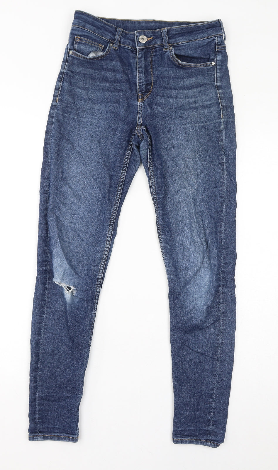 Divided by H&M Womens Blue Cotton Skinny Jeans Size 10 L28 in Regular Zip - Distressed Knee