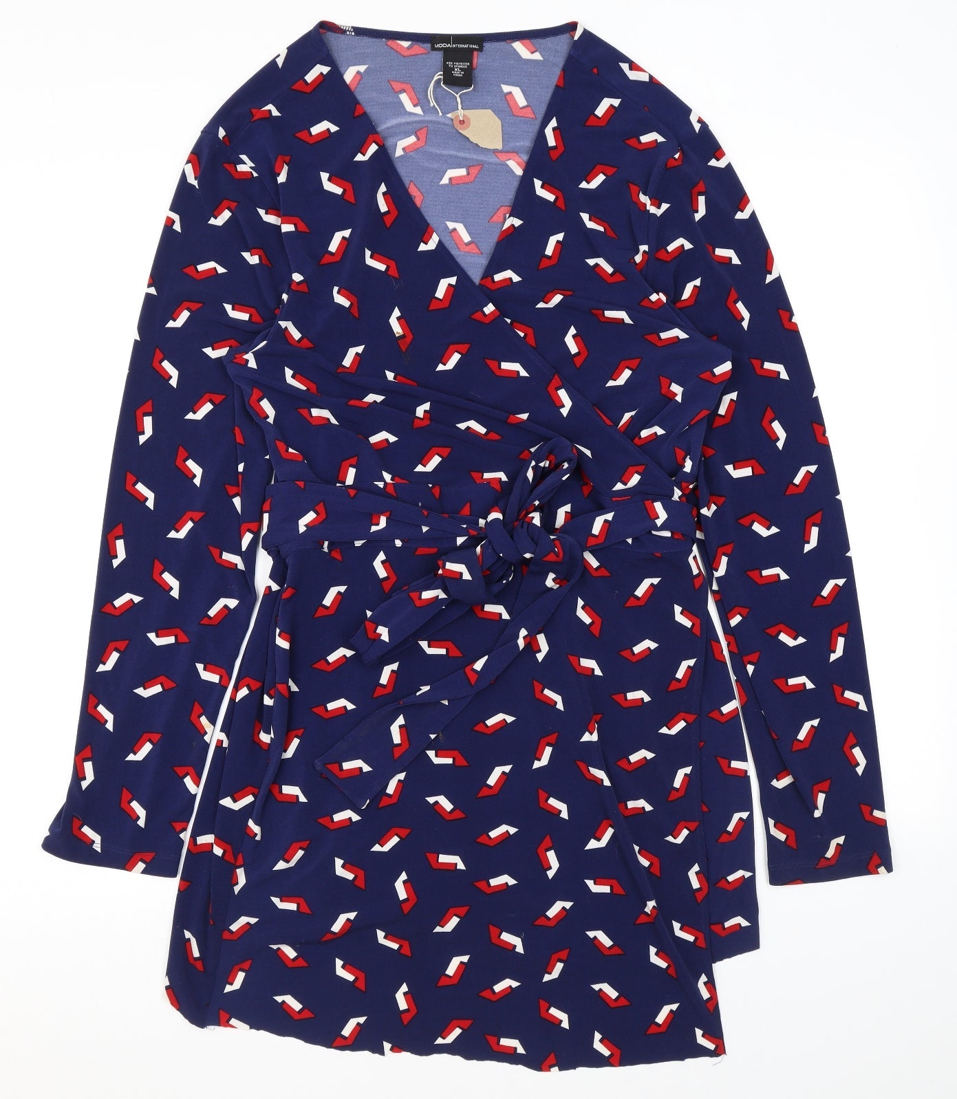 Moda Womens Blue Geometric Polyester Wrap Dress Size XL V-Neck Tie