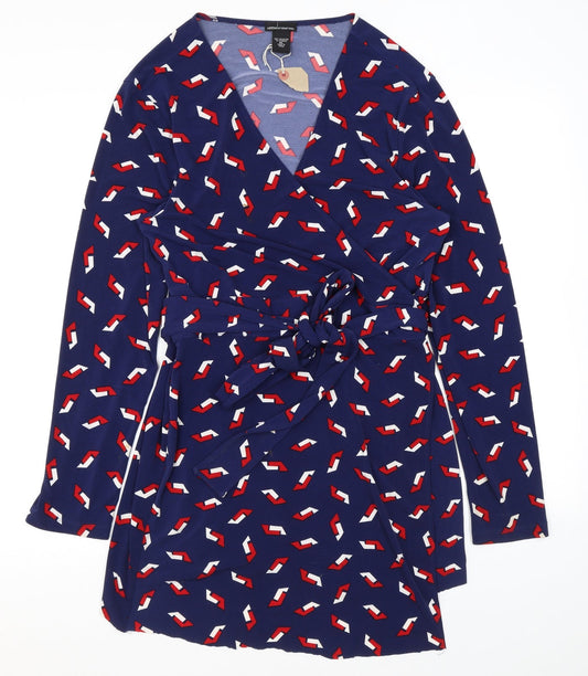 Moda Womens Blue Geometric Polyester Wrap Dress Size XL V-Neck Tie