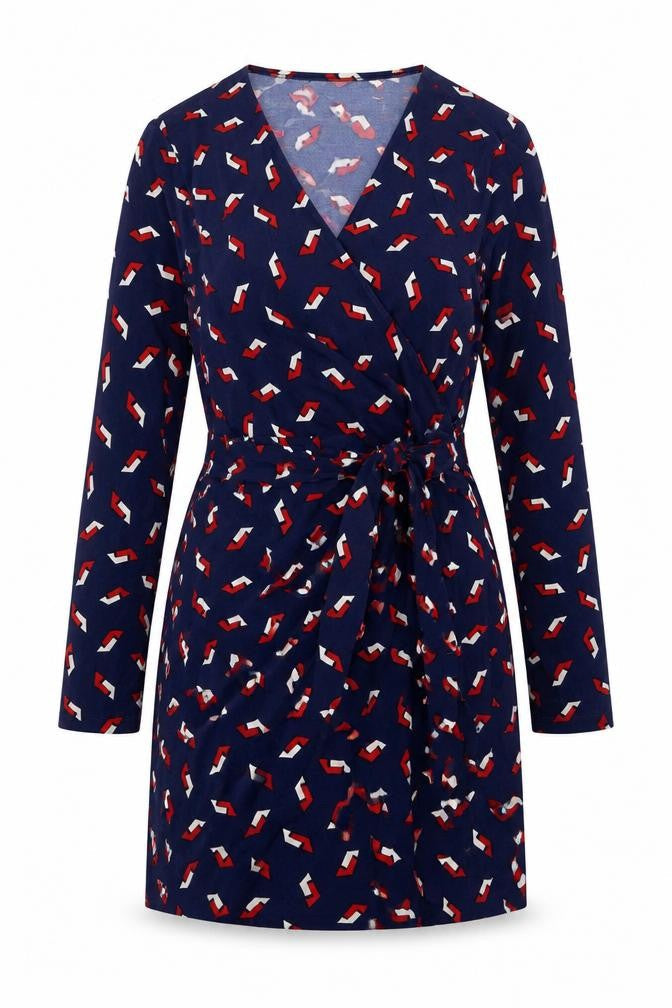 Moda Womens Blue Geometric Polyester Wrap Dress Size XL V-Neck Tie