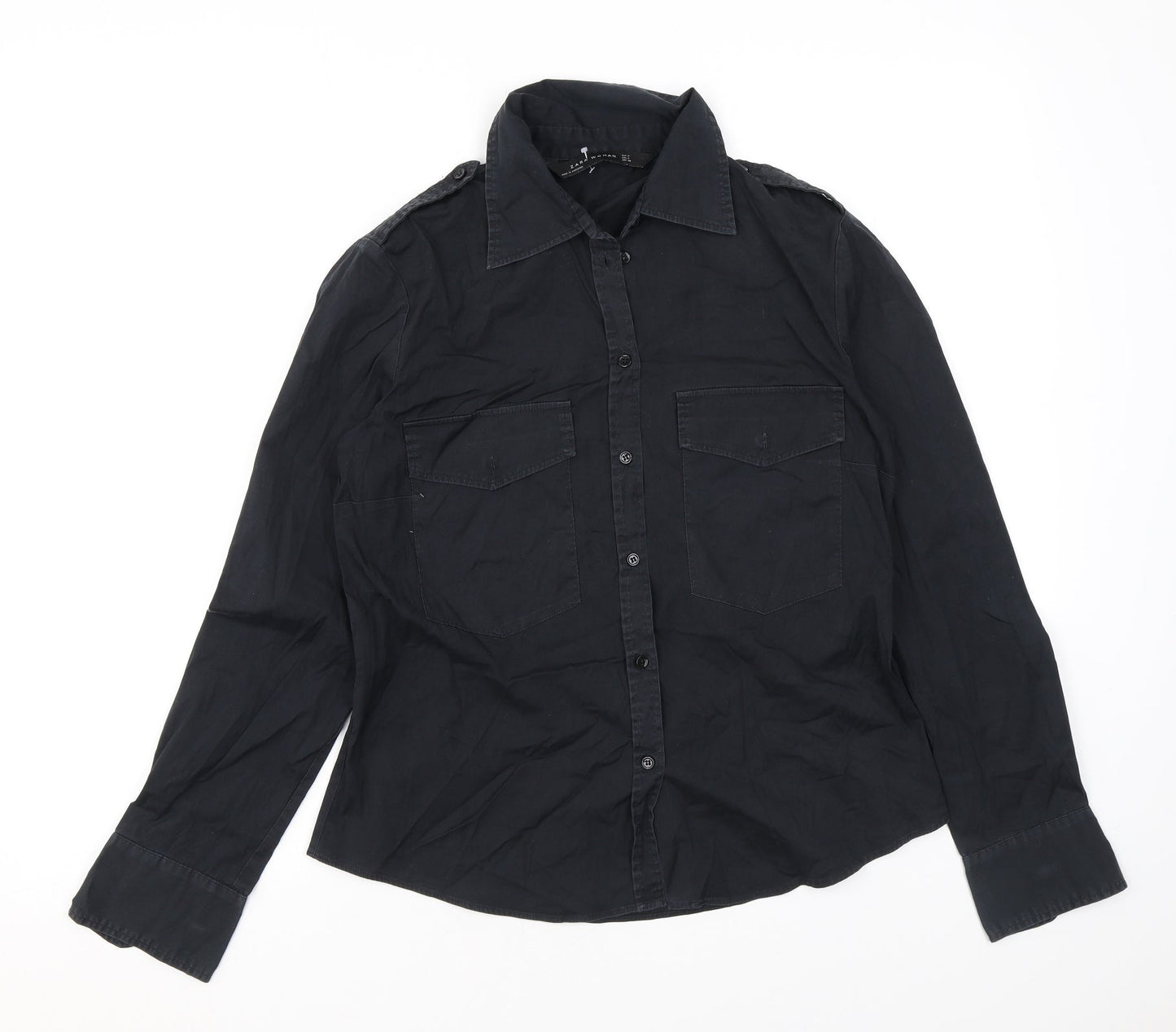 Womens UK Size M Zara Black Basic Button-Up