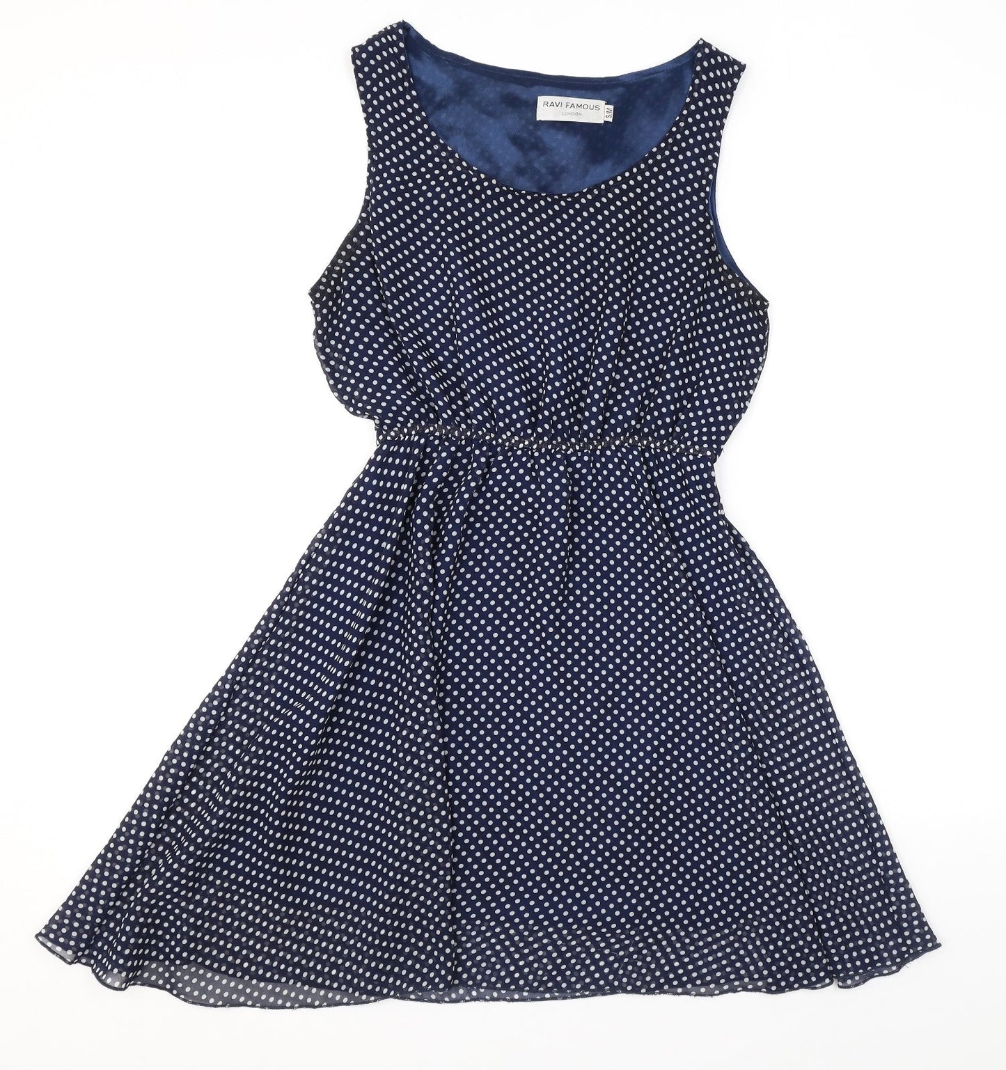 Ravi Famous Womens Blue Polka Dot Polyester A-Line Size S Scoop Neck Tie