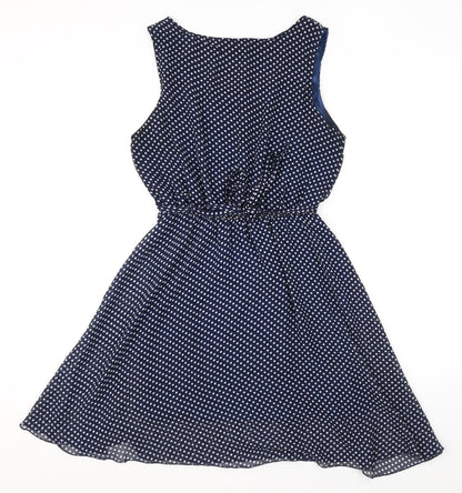 Ravi Famous Womens Blue Polka Dot Polyester A-Line Size S Scoop Neck Tie