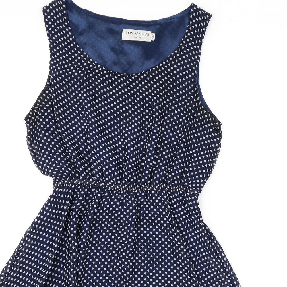 Ravi Famous Womens Blue Polka Dot Polyester A-Line Size S Scoop Neck Tie
