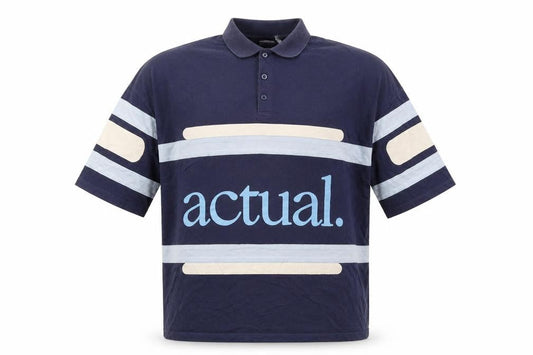 Front view of ASOS men’s blue cotton polo, size S, collared button