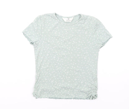 H&M Girls Green Floral Cotton Basic T-Shirt Size 13-14 Years Round Neck Pullover