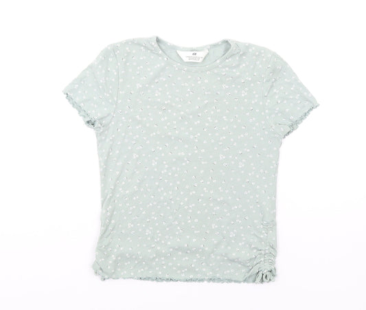 H&M Girls Green Floral Cotton Basic T-Shirt Size 13-14 Years Round Neck Pullover