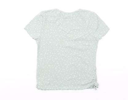 H&M Girls Green Floral Cotton Basic T-Shirt Size 13-14 Years Round Neck Pullover