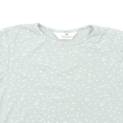 H&M Girls Green Floral Cotton Basic T-Shirt Size 13-14 Years Round Neck Pullover