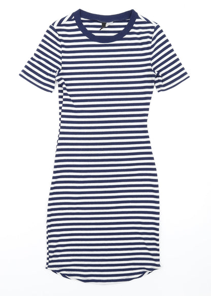 H&M Womens Blue Striped Polyester Bodycon Size 10 Round Neck Pullover