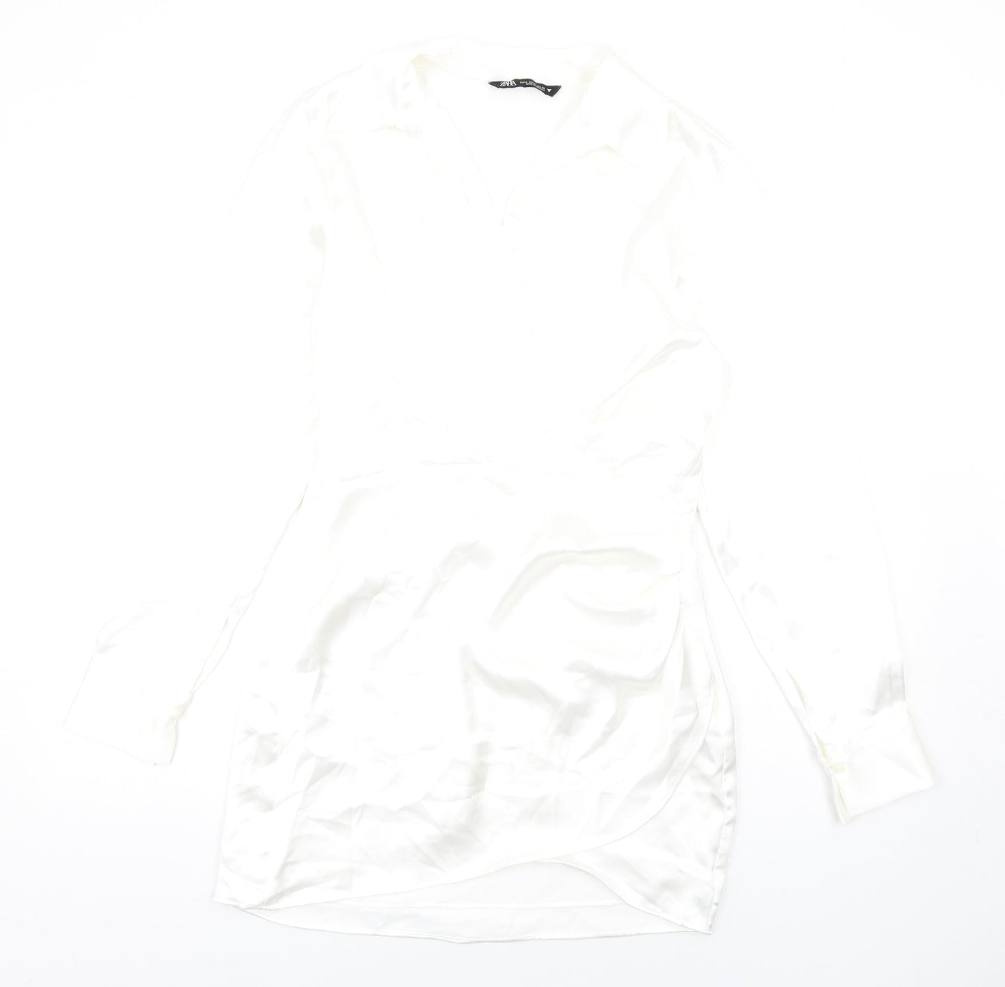 Zara Womens White Polyester Shirt Dress Size S Collared Zip