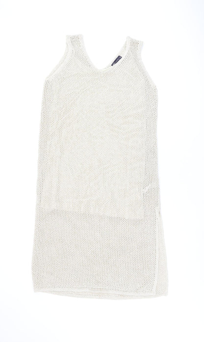 Marks and Spencer Womens Beige Cotton Shift Size M V-Neck Pullover - Split Hem