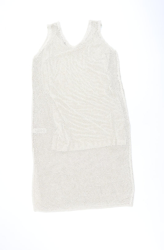 Marks and Spencer Womens Beige Cotton Shift Size M V-Neck Pullover - Split Hem