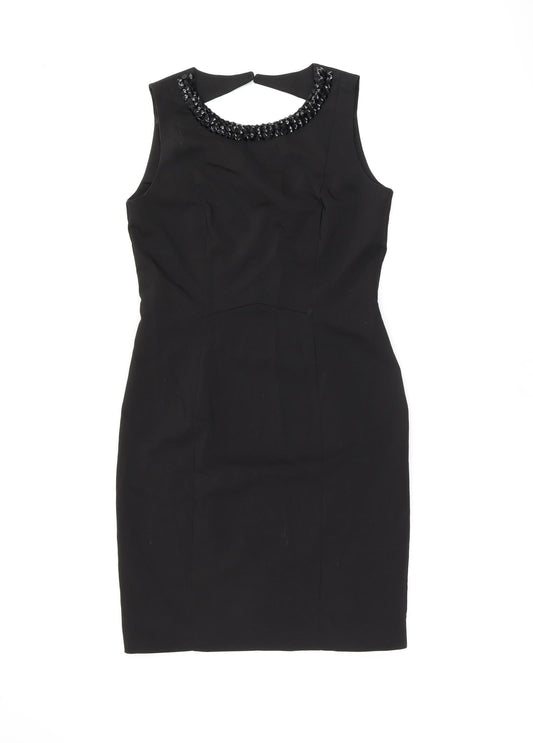 H&M Womens Black Cotton Bodycon Size 14 Round Neck Zip - Studded