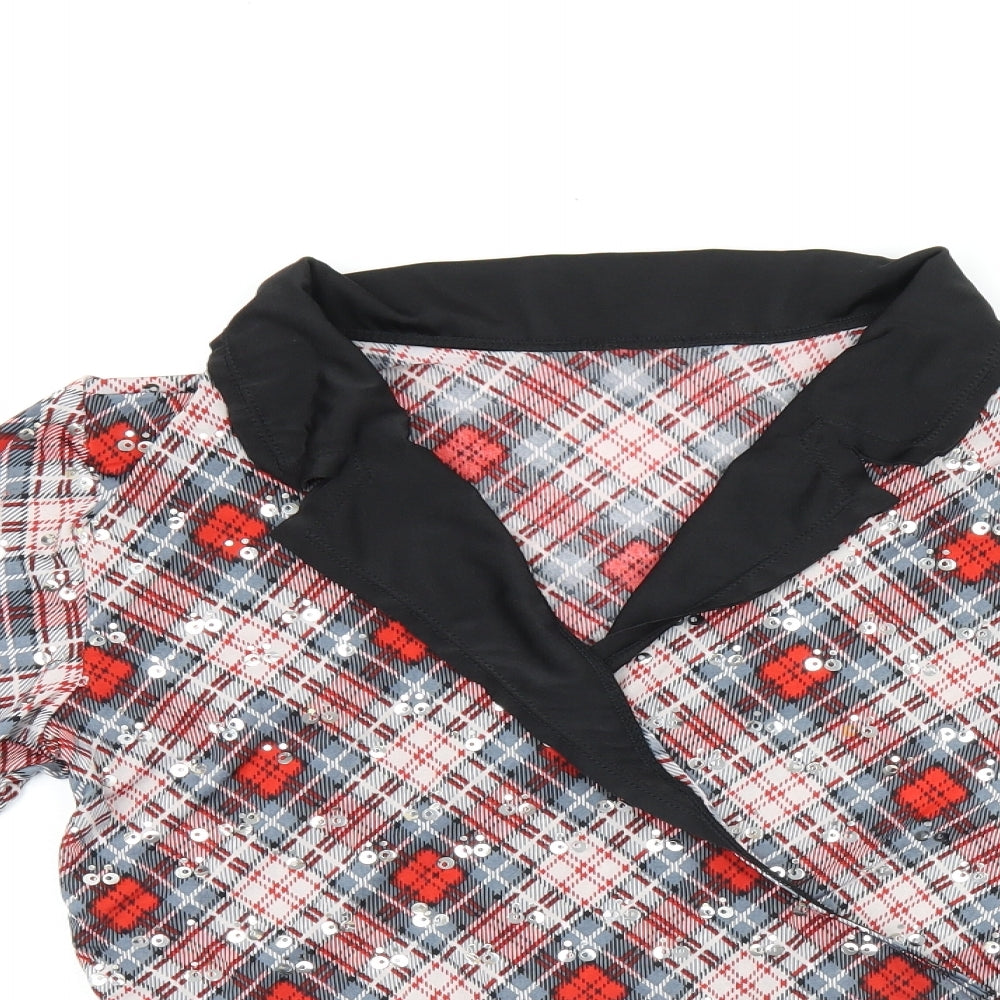 Revolution Womens Red Plaid Nylon Cropped Blouse Size M V-Neck - Sequin