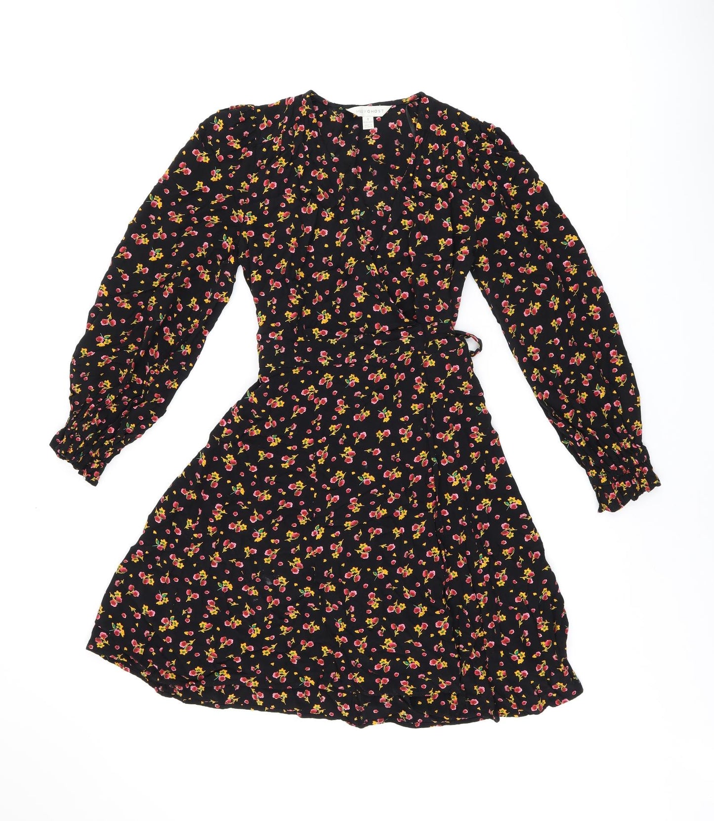 Ghost Womens Black Floral Viscose Wrap Dress Size 8 V-Neck Tie