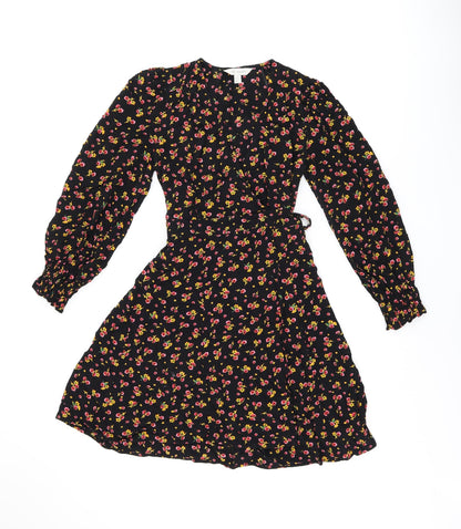 Ghost Womens Black Floral Viscose Wrap Dress Size 8 V-Neck Tie