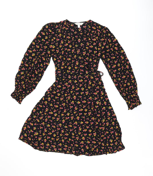 Ghost Womens Black Floral Viscose Wrap Dress Size 8 V-Neck Tie