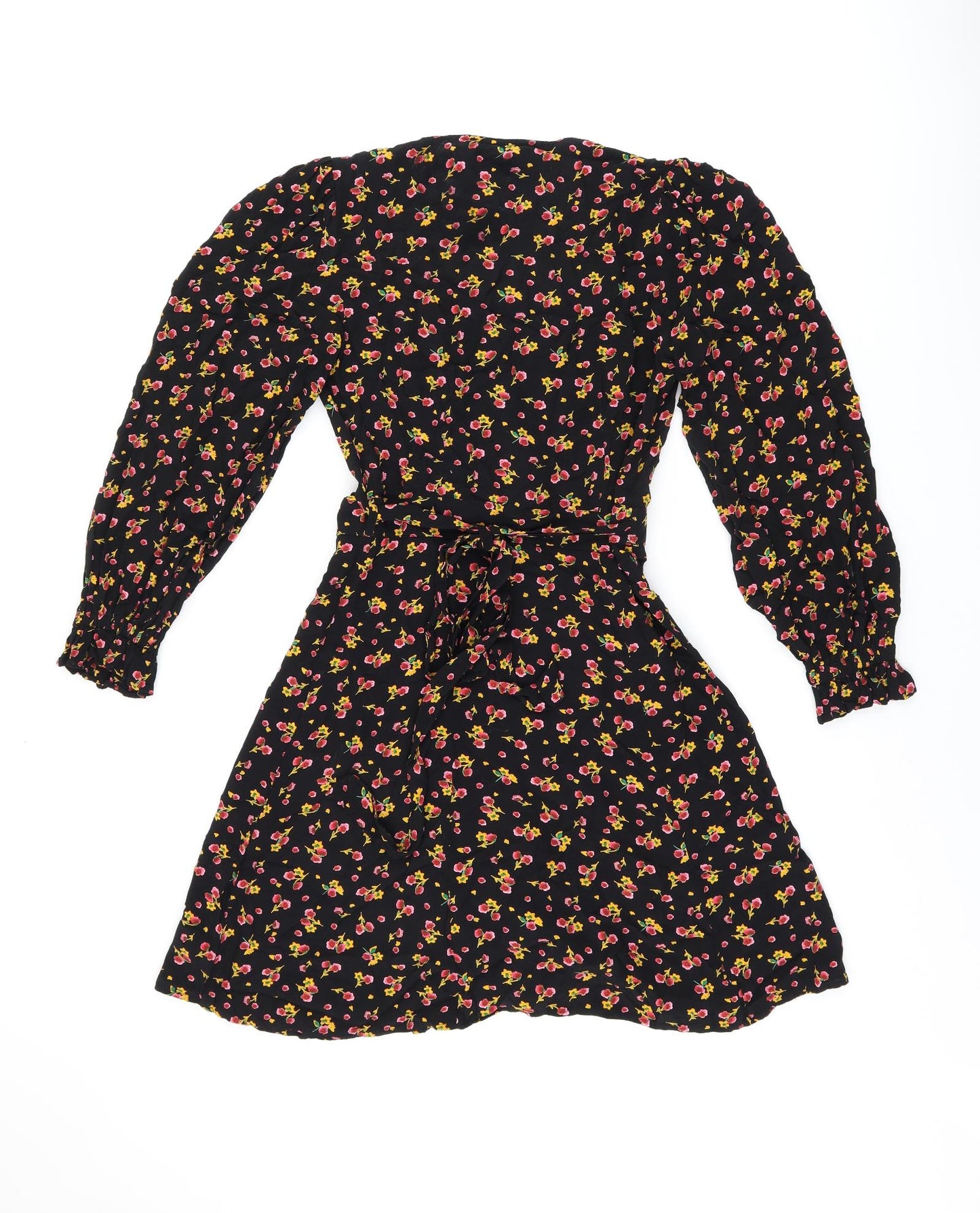 Ghost Womens Black Floral Viscose Wrap Dress Size 8 V-Neck Tie