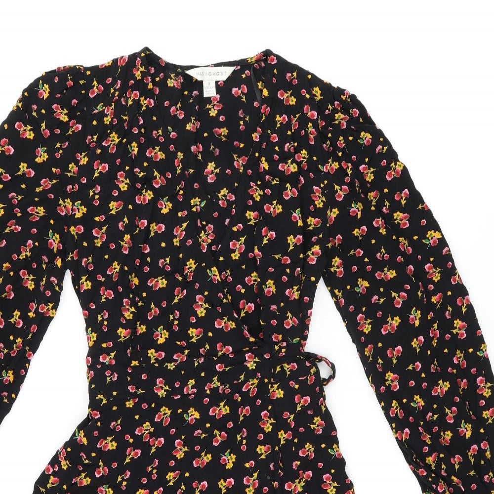 Ghost Womens Black Floral Viscose Wrap Dress Size 8 V-Neck Tie