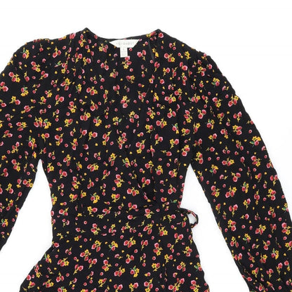 Ghost Womens Black Floral Viscose Wrap Dress Size 8 V-Neck Tie