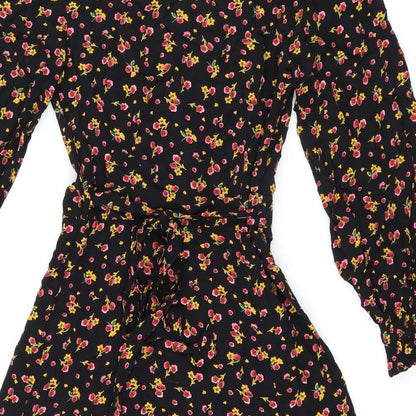 Ghost Womens Black Floral Viscose Wrap Dress Size 8 V-Neck Tie