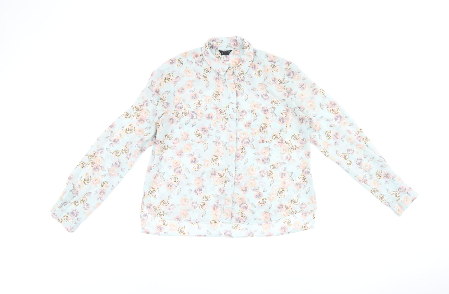 Topshop Womens Blue Floral Polyester Basic Button-Up Size 10 Collared