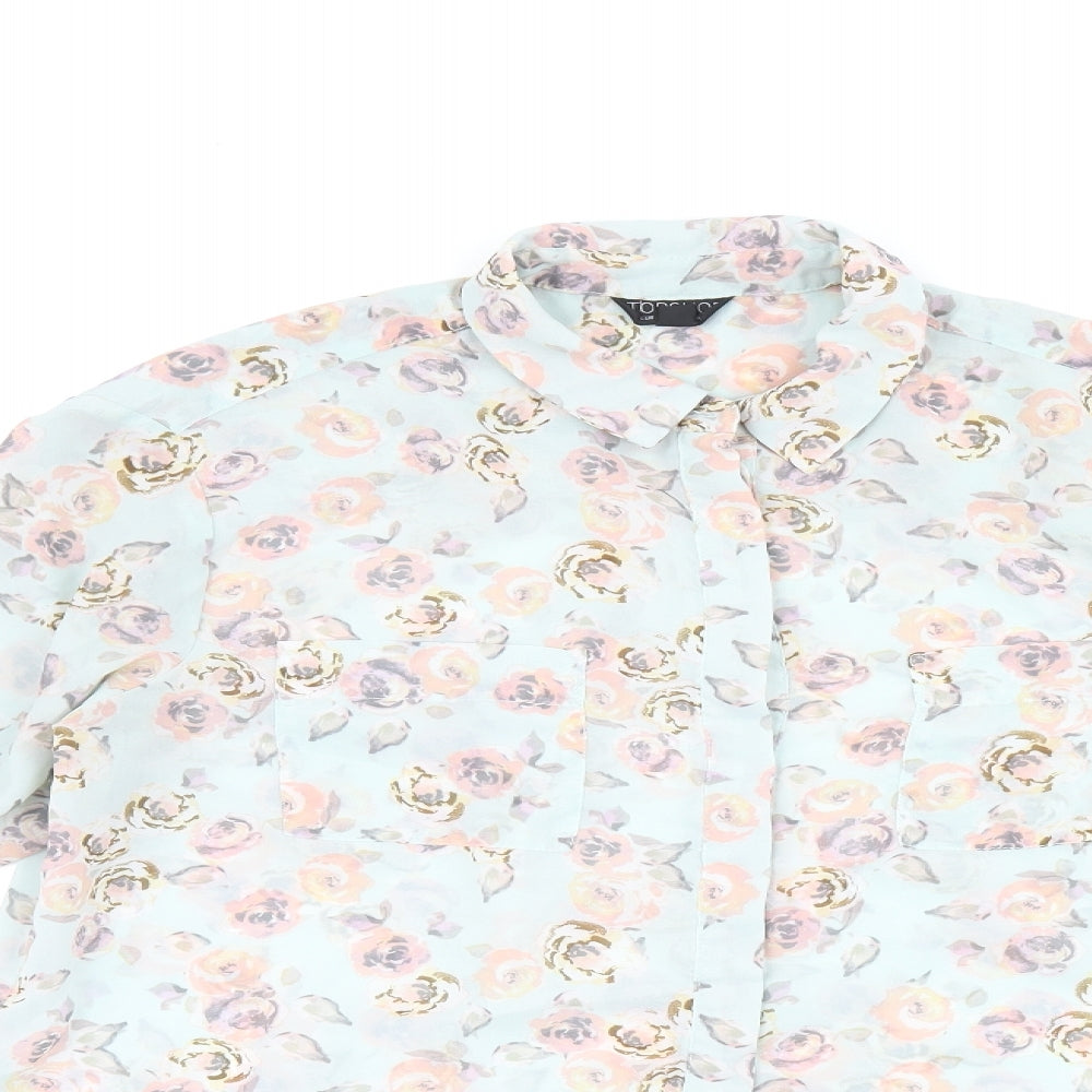 Topshop Womens Blue Floral Polyester Basic Button-Up Size 10 Collared