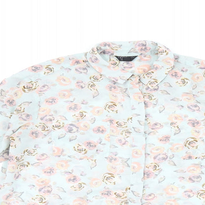 Topshop Womens Blue Floral Polyester Basic Button-Up Size 10 Collared