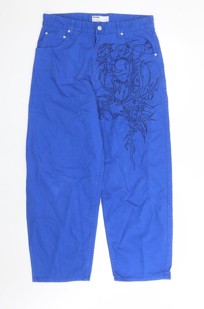 Bershka Mens Blue Geometric Cotton Straight Jeans Size 34 in L28 in Regular Zip
