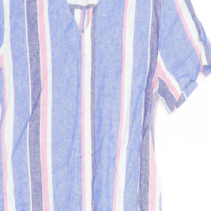 Marks and Spencer Womens Blue Striped Linen A-Line Size 8 V-Neck Pullover