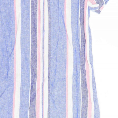 Marks and Spencer Womens Blue Striped Linen A-Line Size 8 V-Neck Pullover