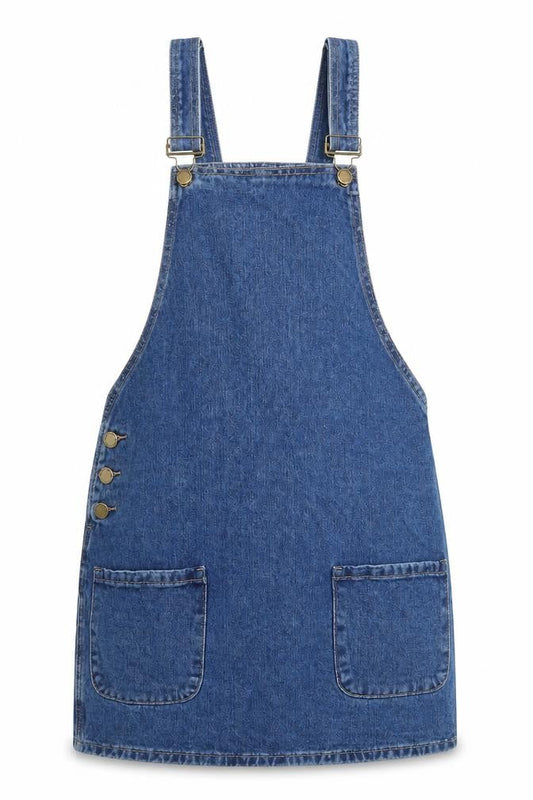 Front view of Denim & Co. women’s blue cotton pinafore/dungaree dress, size UK 8, square neck button