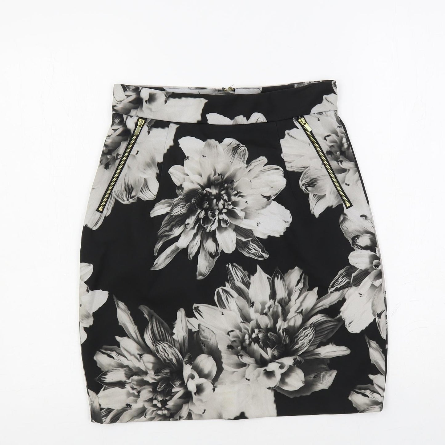 H&M Womens Black Floral Polyester Straight & Pencil Skirt Size 8 Zip