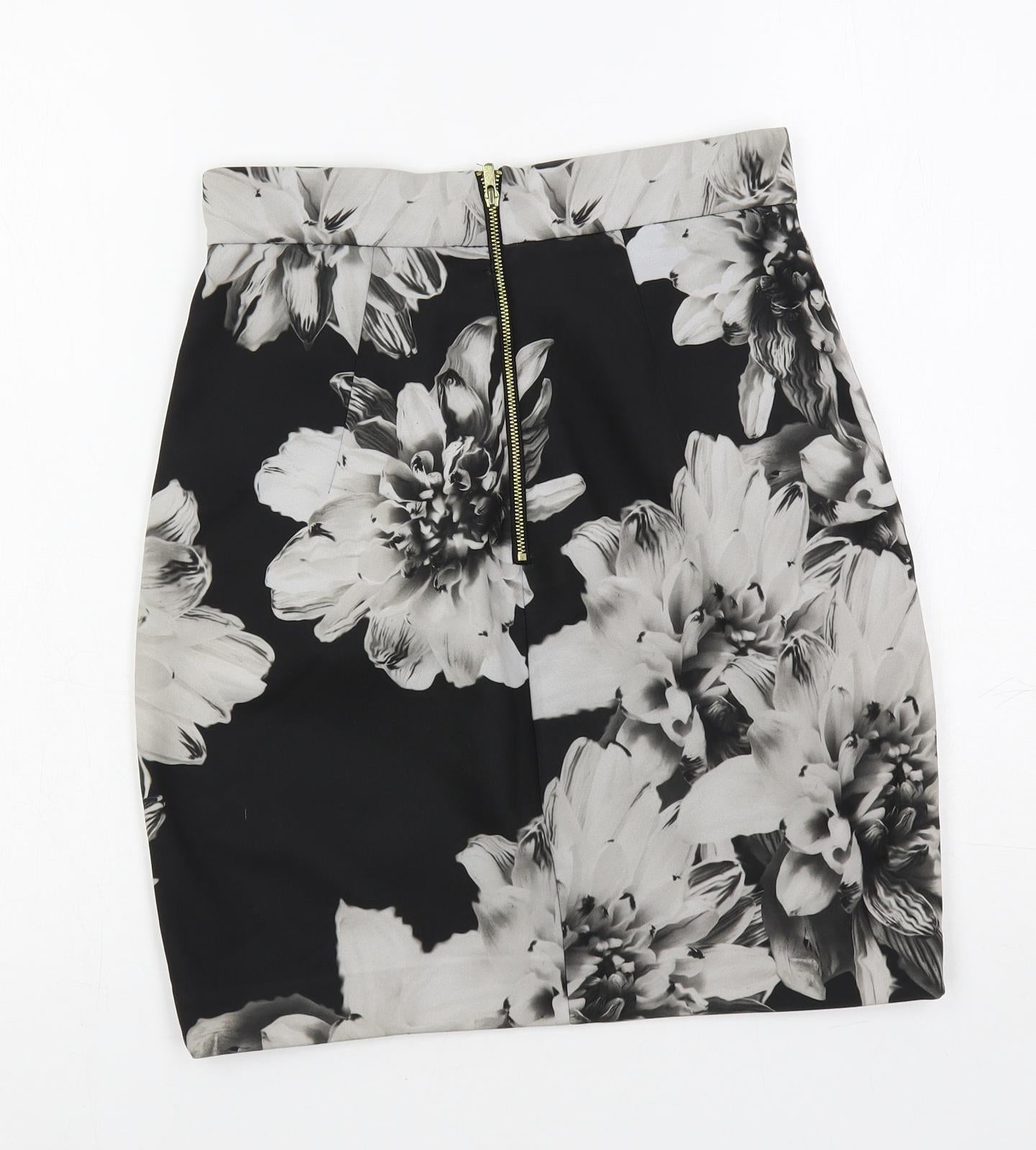 H&M Womens Black Floral Polyester Straight & Pencil Skirt Size 8 Zip