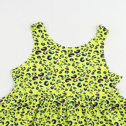 Olly & Molly Girls Yellow Animal Print Cotton Tank Dress Size 10-11 Years Scoop Neck Pullover