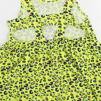 Olly & Molly Girls Yellow Animal Print Cotton Tank Dress Size 10-11 Years Scoop Neck Pullover