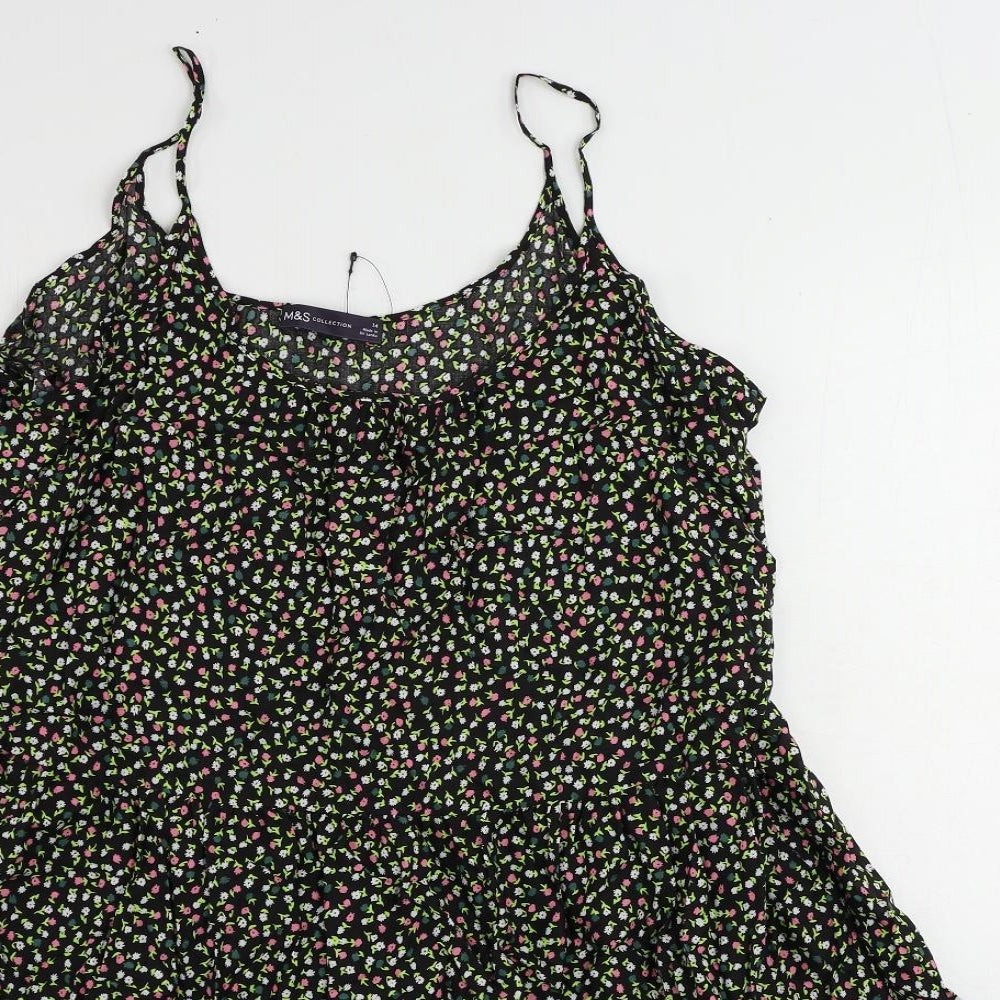 Marks and Spencer Womens Black Floral Viscose Slip Dress Size 14 Scoop Neck Pullover