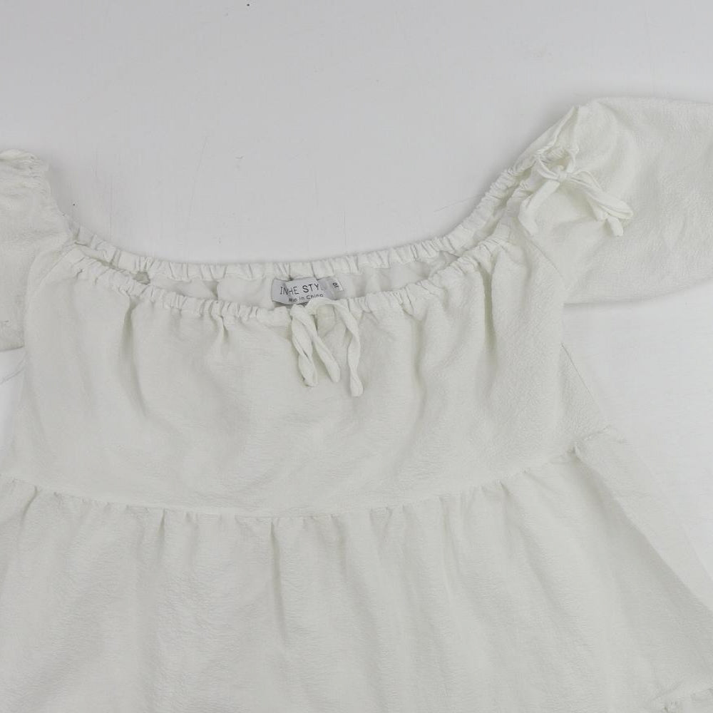 In the Style Womens White Polyester Mini Size 10 Off the Shoulder Pullover