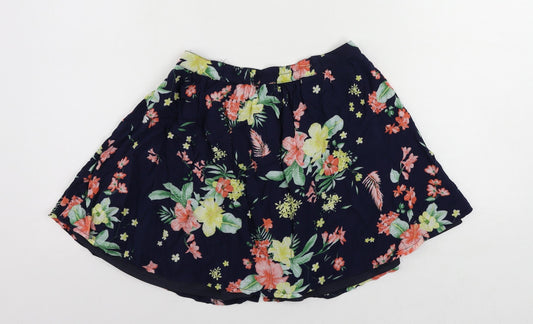 Bershka Womens Blue Floral Viscose Mini Skirt Size M Button - Elastic Waist